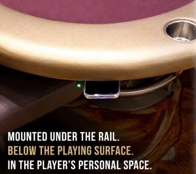 The Shelf mounted underneath the table rail — phone below the playing surface